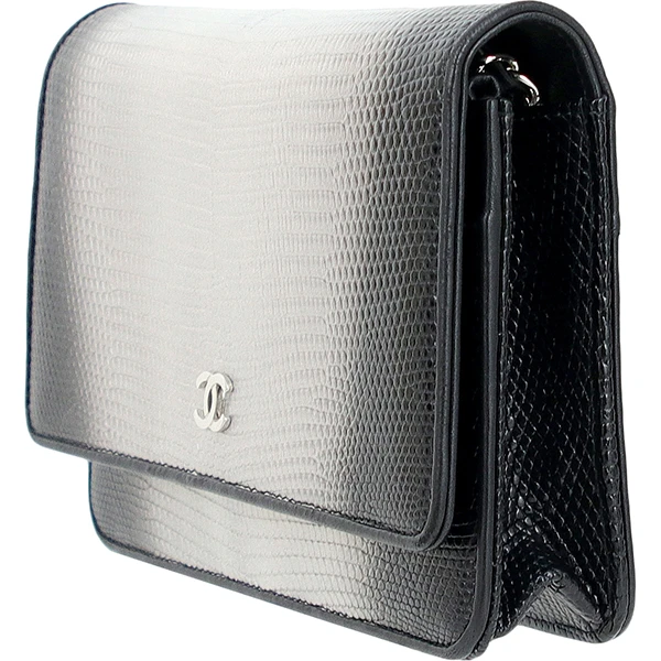Chanel Black and Silver Lizard Skin Wallet On Chain Bag