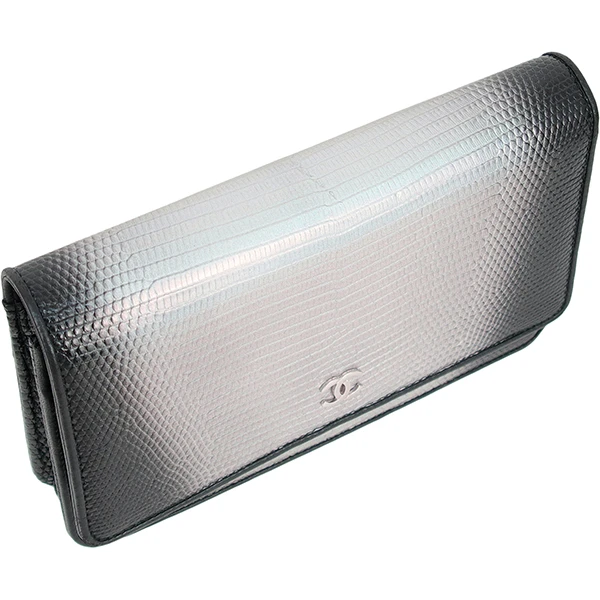Chanel Black and Silver Lizard Skin Wallet On Chain Bag