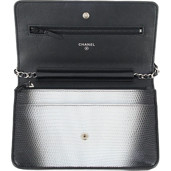Chanel Black and Silver Lizard Skin Wallet On Chain Bag