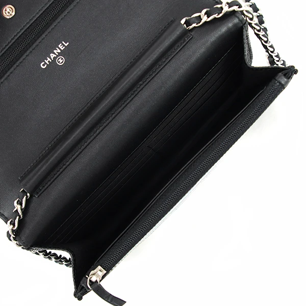 Chanel Black and Silver Lizard Skin Wallet On Chain Bag