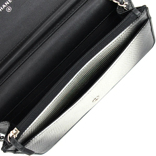 Chanel Black and Silver Lizard Skin Wallet On Chain Bag