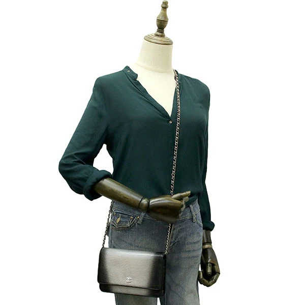 Chanel Black and Silver Lizard Skin Wallet On Chain Bag