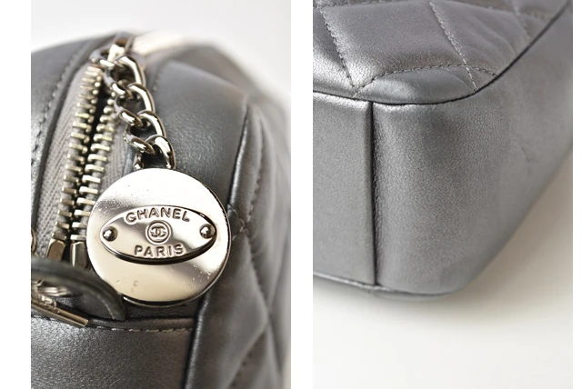 Chanel Metallic Silver Lambskin Quilted Diamond CC Camera Bag