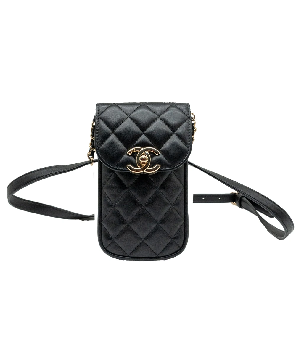 Chanel Black Color Lambskin Quilted Phone Chain Clutch Waist Bag
