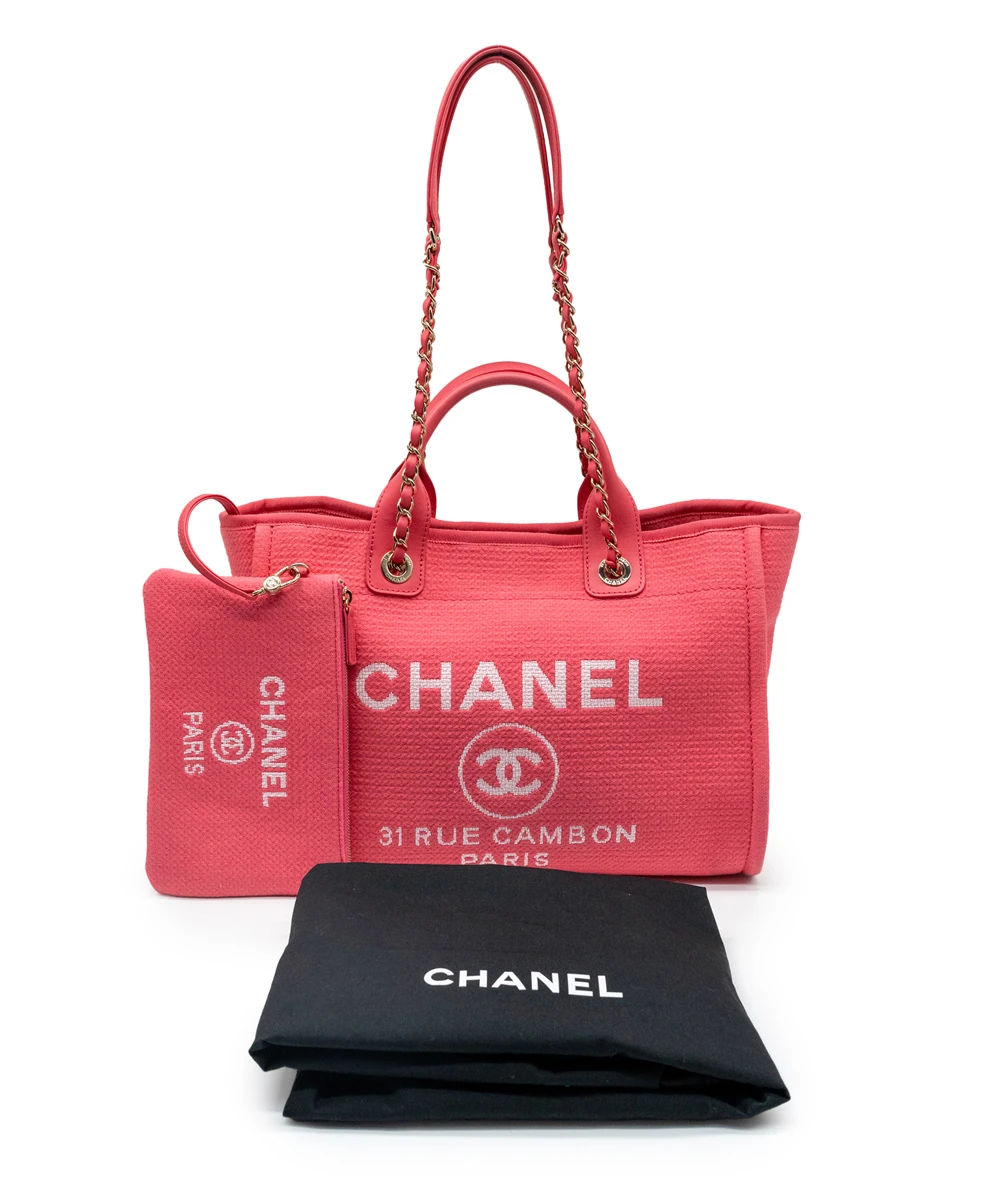 Chanel Deauville Medium Size Pink Color Canvas Tote Bag