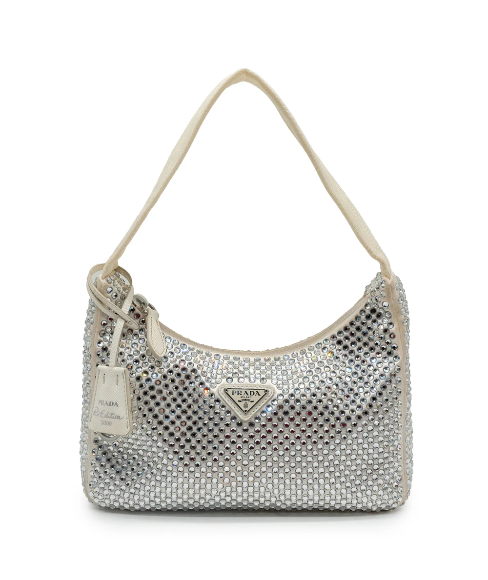 Prada White Satin Crystal Embellished Re-Edition 2000 Baguette