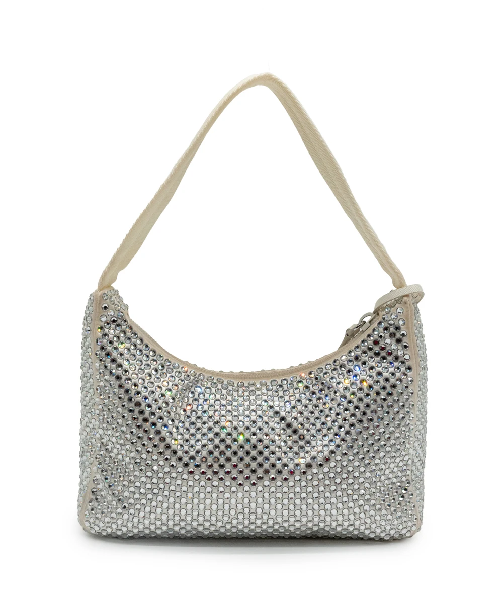 Prada White Satin Crystal Embellished Re-Edition 2000 Baguette