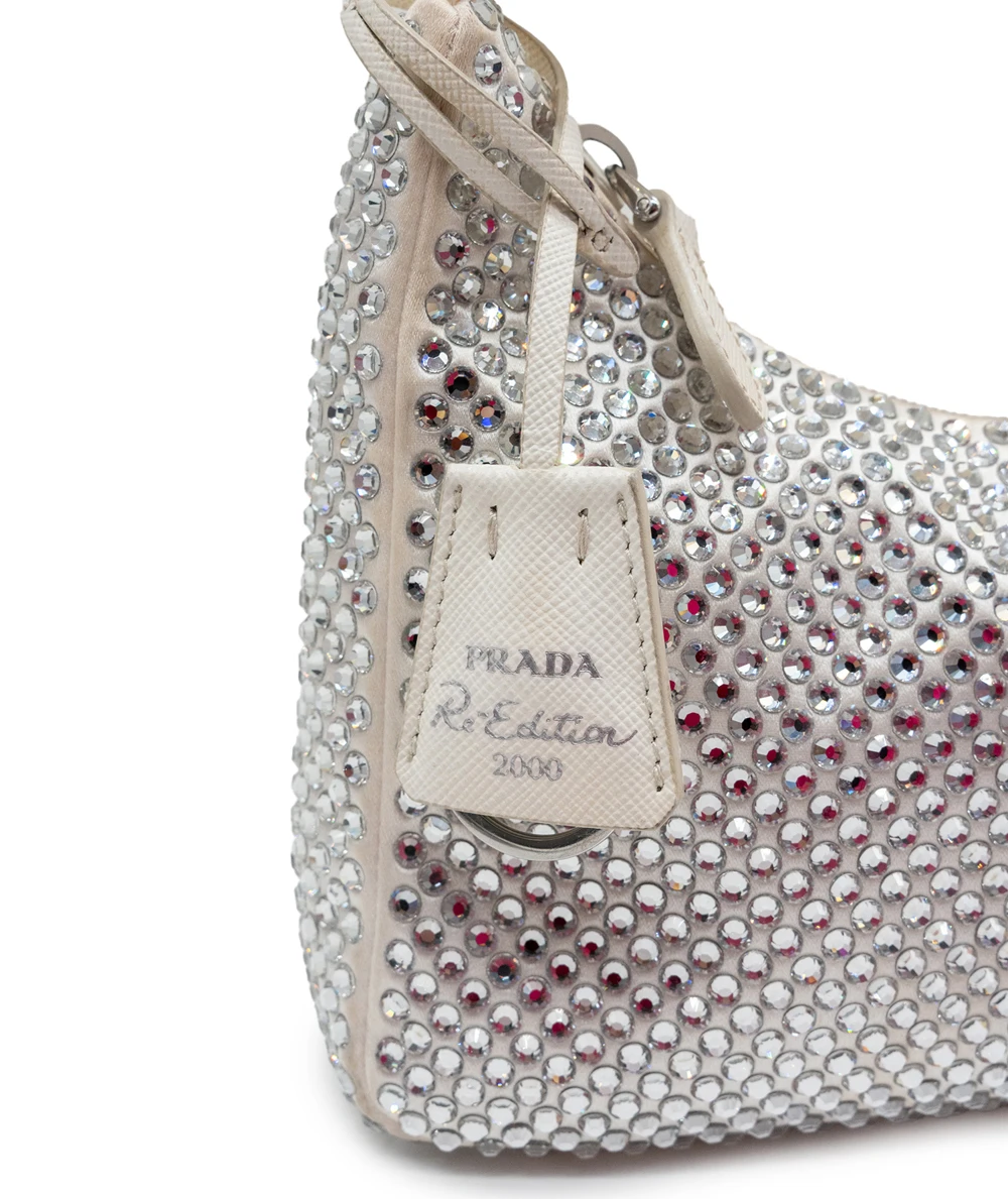 Prada White Satin Crystal Embellished Re-Edition 2000 Baguette