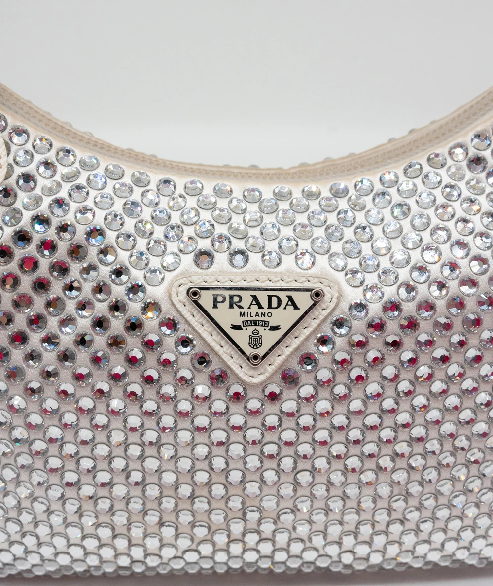 Prada White Satin Crystal Embellished Re-Edition 2000 Baguette