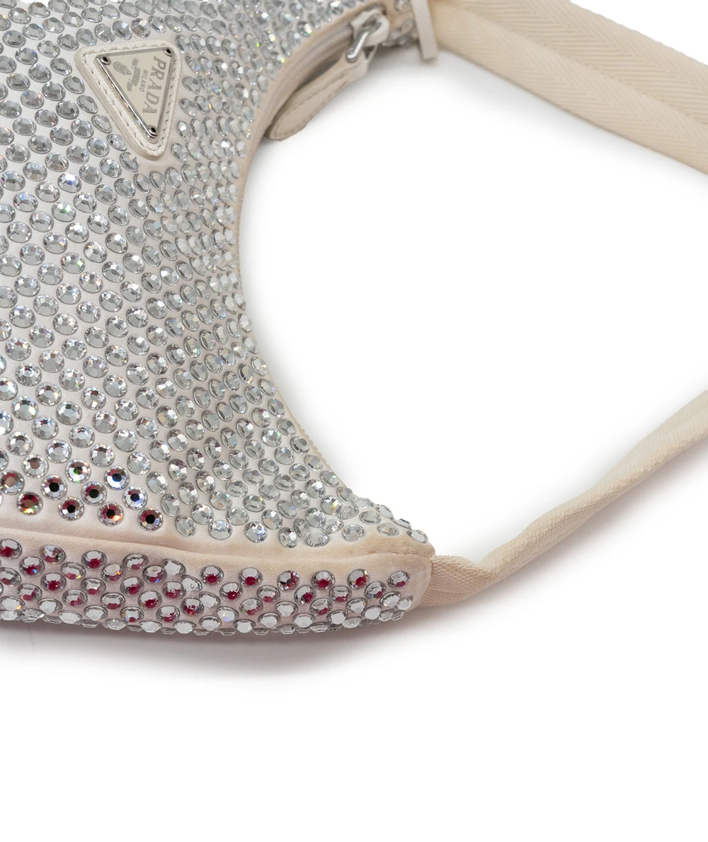 Prada White Satin Crystal Embellished Re-Edition 2000 Baguette