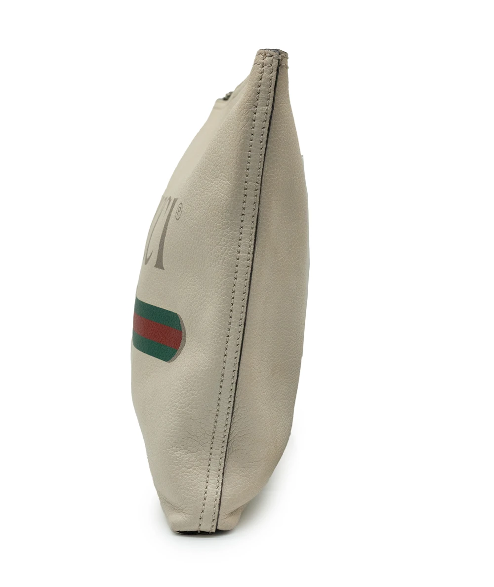 Gucci Beige Leather Logo Print Zip Pouch
