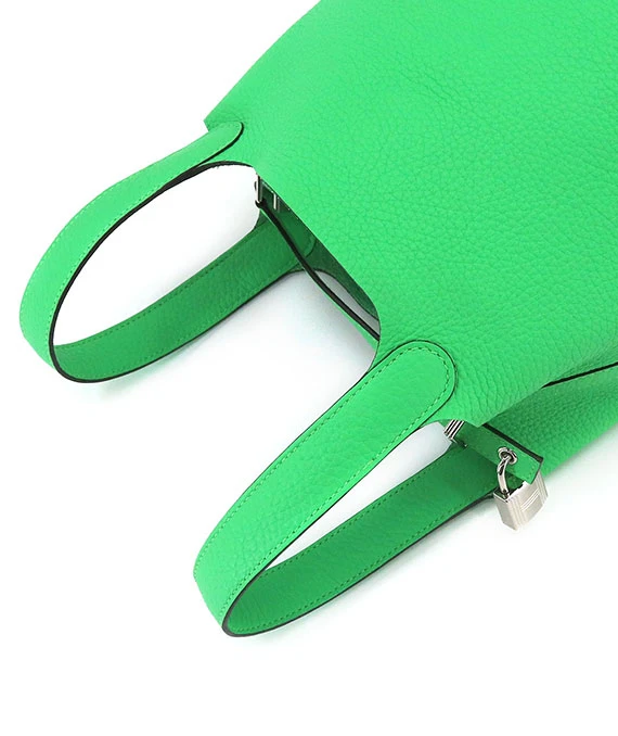 Hermes 2022 Picotan Lock PM Clemence Leather Hand Bag in Veil Comic Green with Palladium Hardware