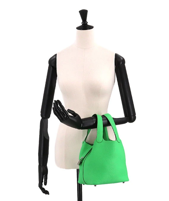 Hermes 2022 Picotan Lock PM Clemence Leather Hand Bag in Veil Comic Green with Palladium Hardware