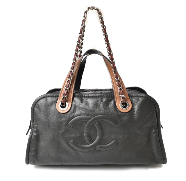 Chanel Vintage Leather Quilted Stitch Black Bowling Bag