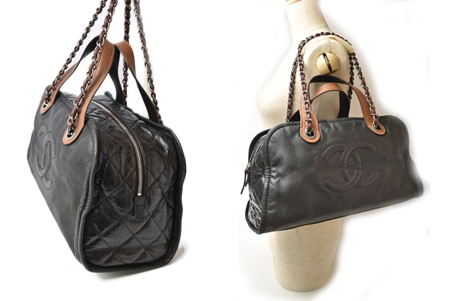 Chanel Vintage Leather Quilted Stitch Black Bowling Bag