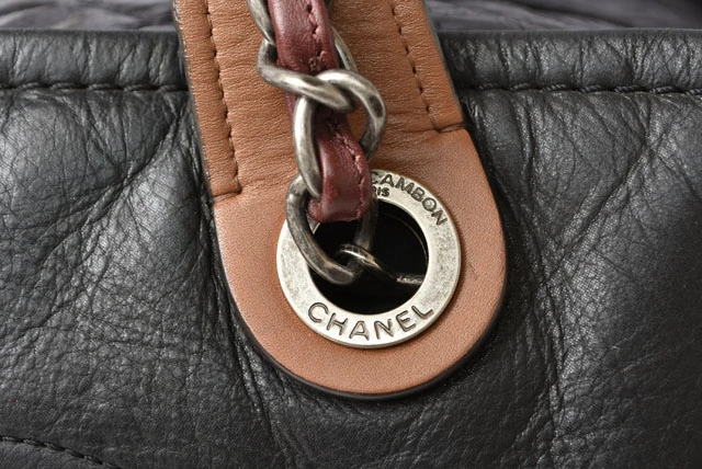 Chanel Vintage Leather Quilted Stitch Black Bowling Bag