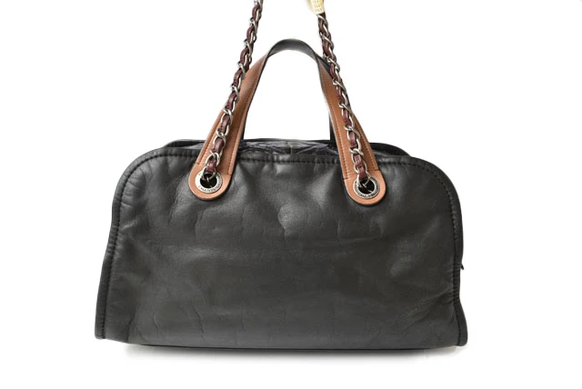 Chanel Vintage Leather Quilted Stitch Black Bowling Bag