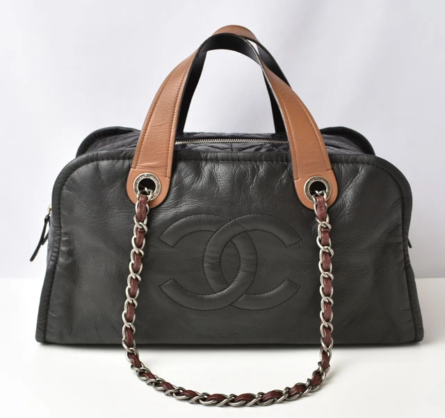 Chanel Vintage Leather Quilted Stitch Black Bowling Bag