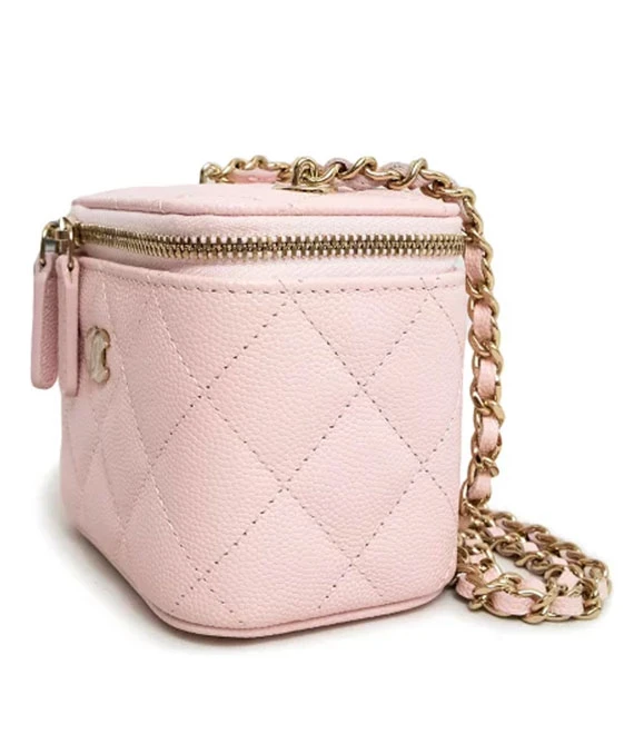 CHANEL Matelasse Light Pink Classic Small Vanity Case with Chain in Caviar Leather with Champagne Gold Hardware