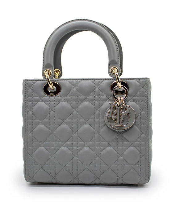 Christian Dior Grey Color Cannage Lambskin Leather Medium Lady Dior Satchel Bag