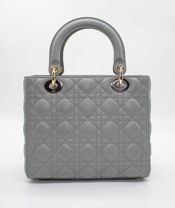 Christian Dior Grey Color Cannage Lambskin Leather Medium Lady Dior Satchel Bag