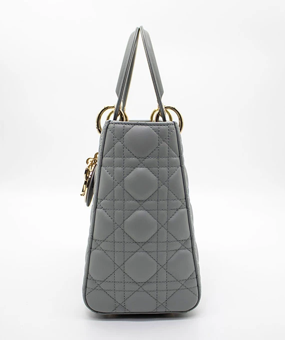 Christian Dior Grey Color Cannage Lambskin Leather Medium Lady Dior Satchel Bag