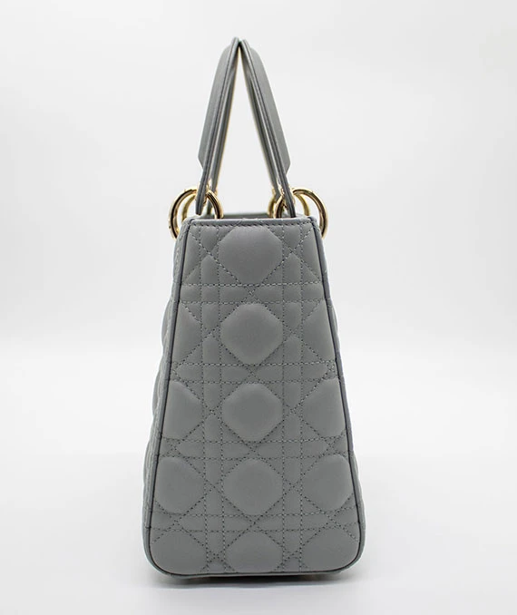Christian Dior Grey Color Cannage Lambskin Leather Medium Lady Dior Satchel Bag