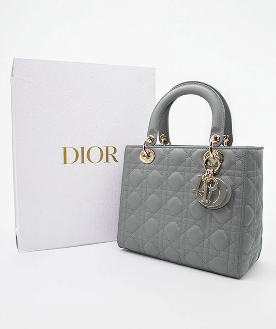 Christian Dior Grey Color Cannage Lambskin Leather Medium Lady Dior Satchel Bag