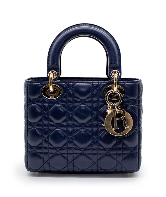 Christian Dior Navy Blue Color Small Lady Dior Lambskin Leather Satchel Bag