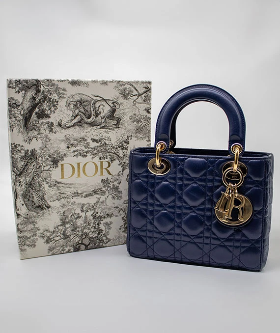 Christian Dior Navy Blue Color Small Lady Dior Lambskin Leather Satchel Bag