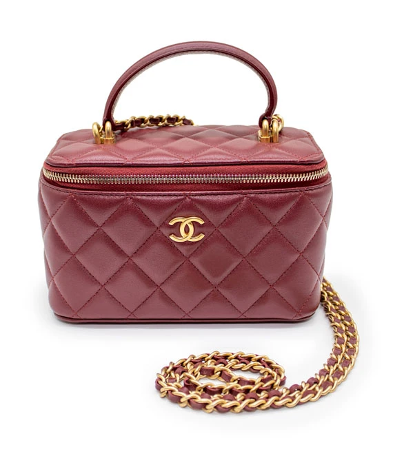 Chanel Small Bordeaux Color Vanity Case Handbag in Lambskin Leather with Gold Hardware