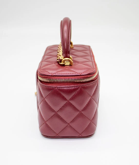 Chanel Small Bordeaux Color Vanity Case Handbag in Lambskin Leather with Gold Hardware