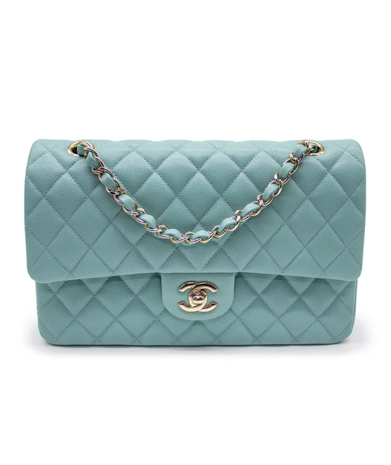 Chanel Size 25 Medium Classic Double Flap Tiffany Blue Caviar Leather Handbag with Gold Hardware