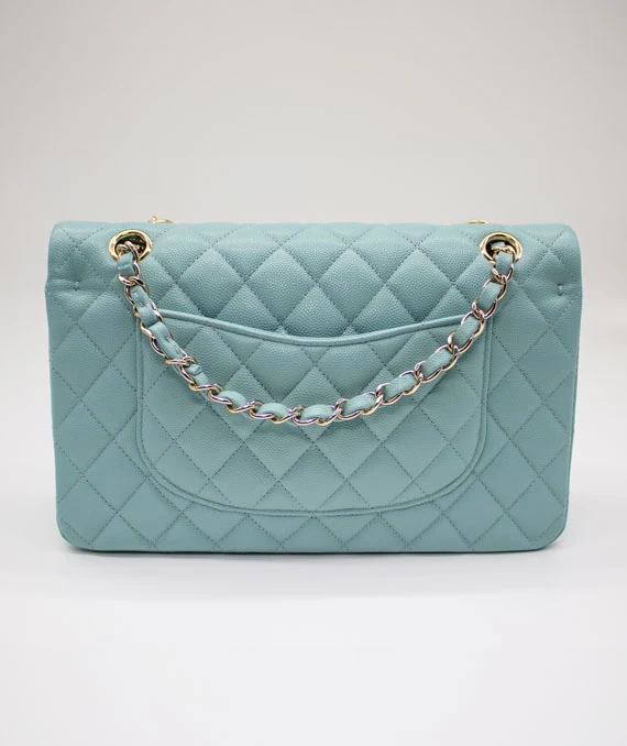 Chanel Size 25 Medium Classic Double Flap Tiffany Blue Caviar Leather Handbag with Gold Hardware