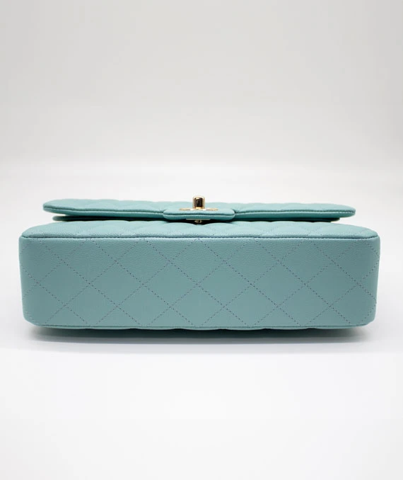 Chanel Size 25 Medium Classic Double Flap Tiffany Blue Caviar Leather Handbag with Gold Hardware