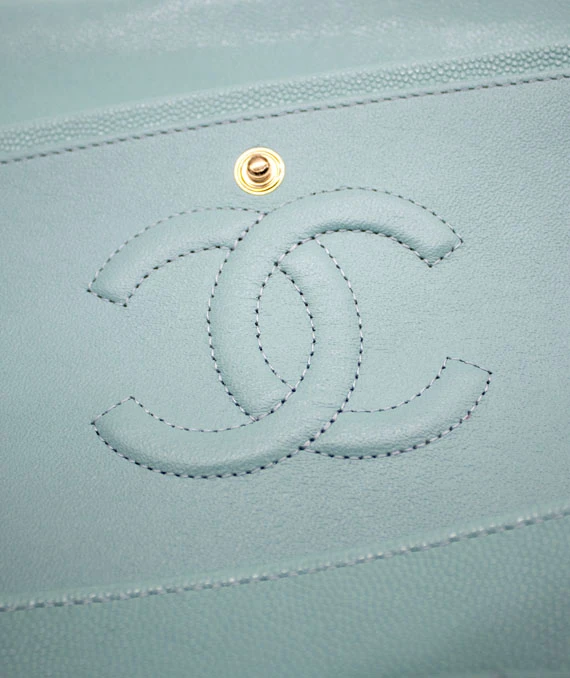 Chanel Size 25 Medium Classic Double Flap Tiffany Blue Caviar Leather Handbag with Gold Hardware