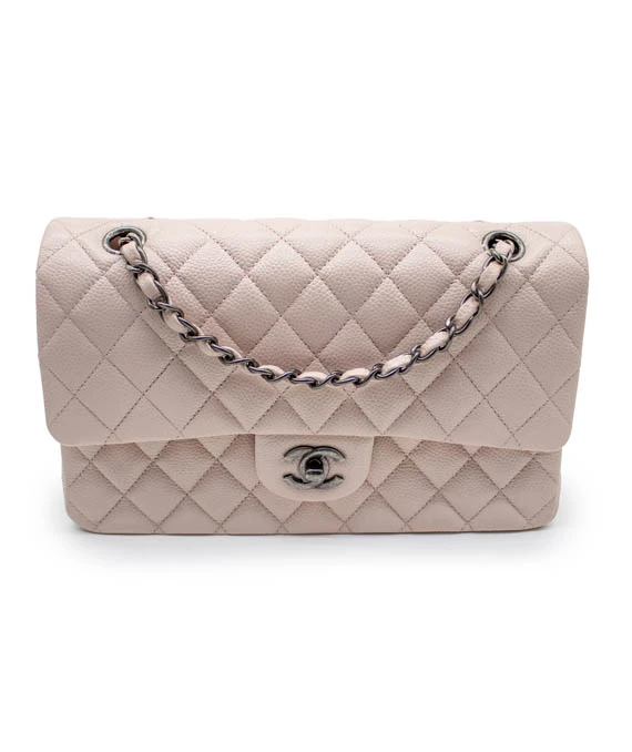 Chanel Size 25 Classic Medium Flap Nude Color Caviar Leather Bag with Ruthenium Hardware