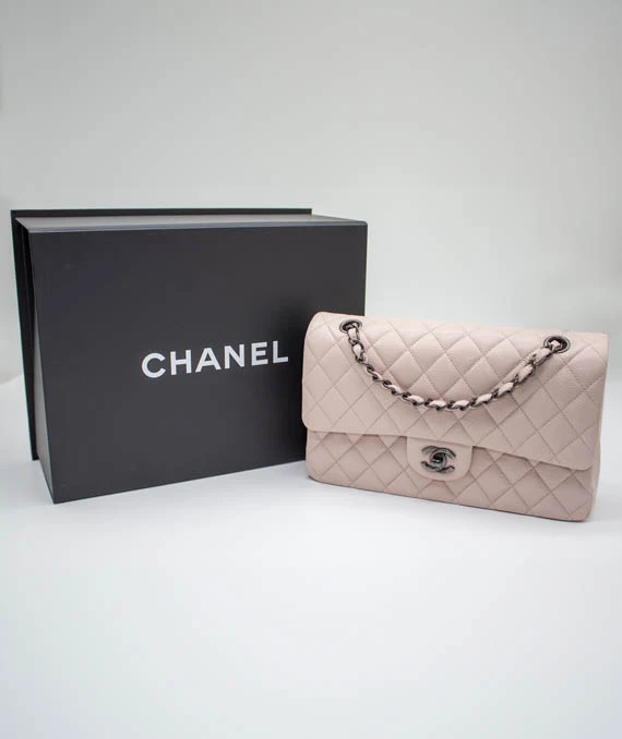 Chanel Size 25 Classic Medium Flap Nude Color Caviar Leather Bag with Ruthenium Hardware