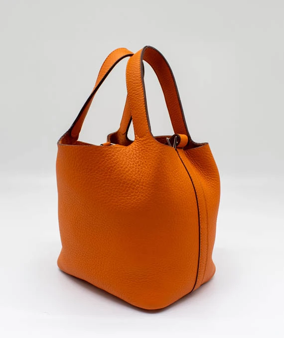 Hermes Size 18 Clemence Leather Orange Poppy Picotin Lock PM tote bag with Palladium Hardware