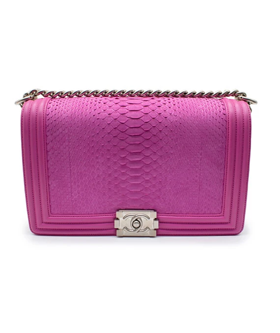 Chanel Hot Pink Color Large Size Boy Bag in Python Leather with Silver Hardware