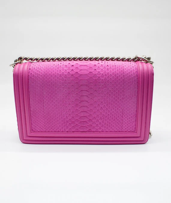 Chanel Hot Pink Color Large Size Boy Bag in Python Leather with Silver Hardware