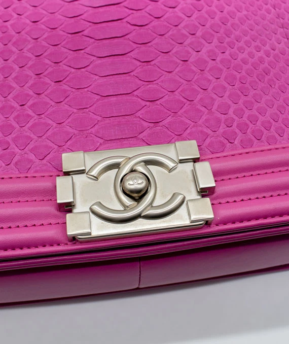 Chanel Hot Pink Color Large Size Boy Bag in Python Leather with Silver Hardware