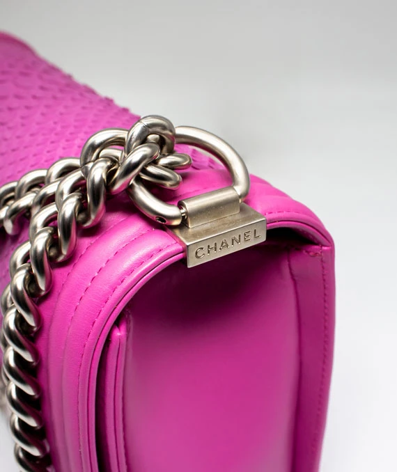 Chanel Hot Pink Color Large Size Boy Bag in Python Leather with Silver Hardware