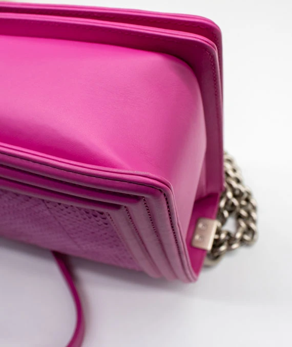 Chanel Hot Pink Color Large Size Boy Bag in Python Leather with Silver Hardware