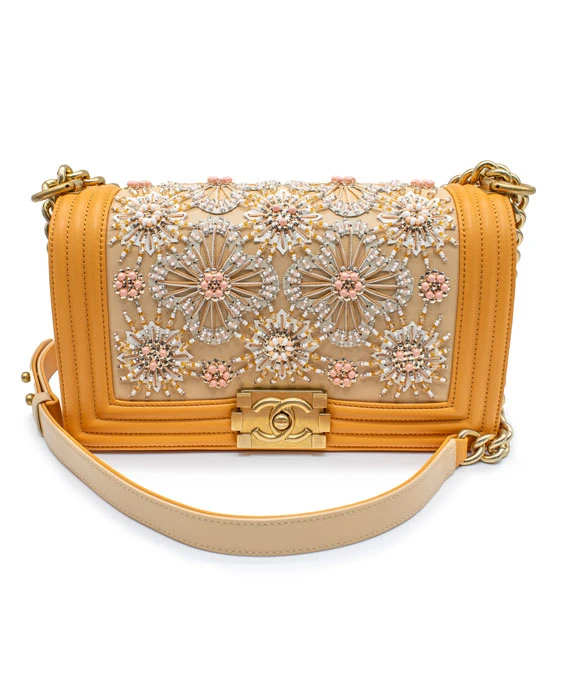Chanel Orange Color Medium Size Boy Bag in Lambskin Leather with Embroidery and Gold Hardware