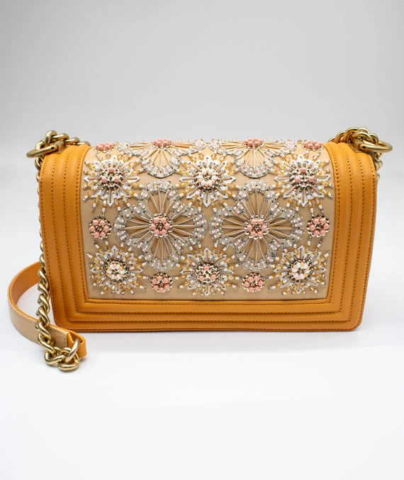 Chanel Orange Color Medium Size Boy Bag in Lambskin Leather with Embroidery and Gold Hardware