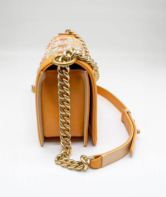 Chanel Orange Color Medium Size Boy Bag in Lambskin Leather with Embroidery and Gold Hardware