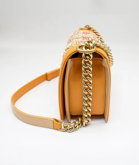 Chanel Orange Color Medium Size Boy Bag in Lambskin Leather with Embroidery and Gold Hardware
