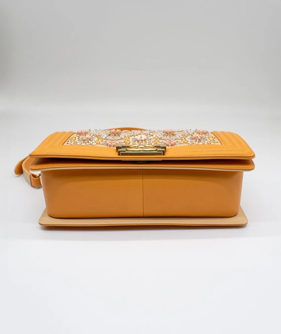 Chanel Orange Color Medium Size Boy Bag in Lambskin Leather with Embroidery and Gold Hardware