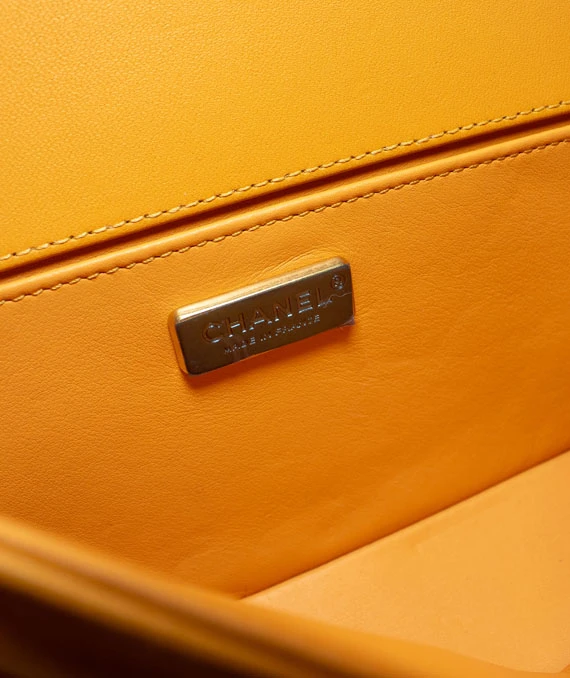 Chanel Orange Color Medium Size Boy Bag in Lambskin Leather with Embroidery and Gold Hardware